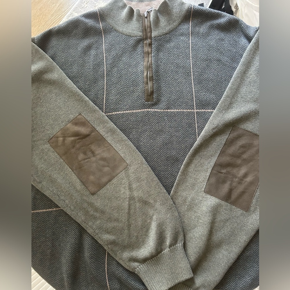 Joseph & Feiss Brown Green 1/4 Quarter Zip Sweater with Elbow Patches XL